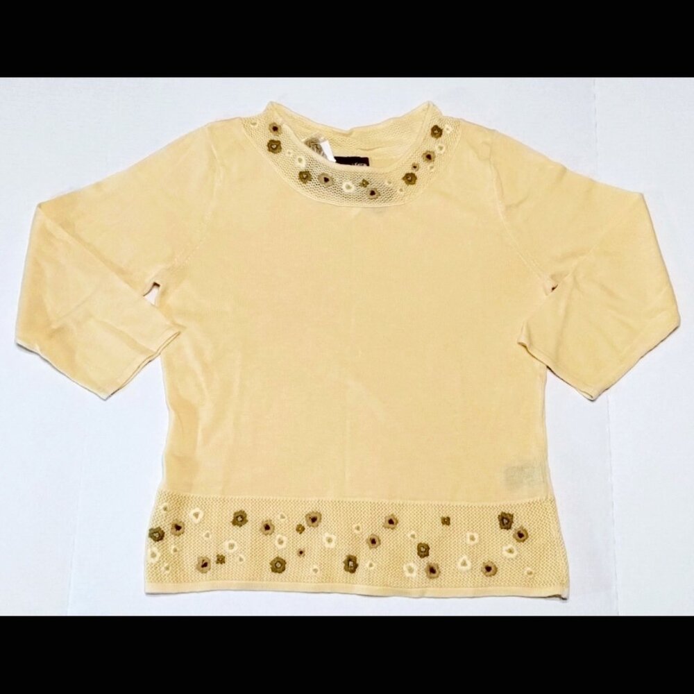 NWT Sz M Norton McNaughton Flower Embroidery Mesh Neck Hem Ramie 3/4 Sleeves